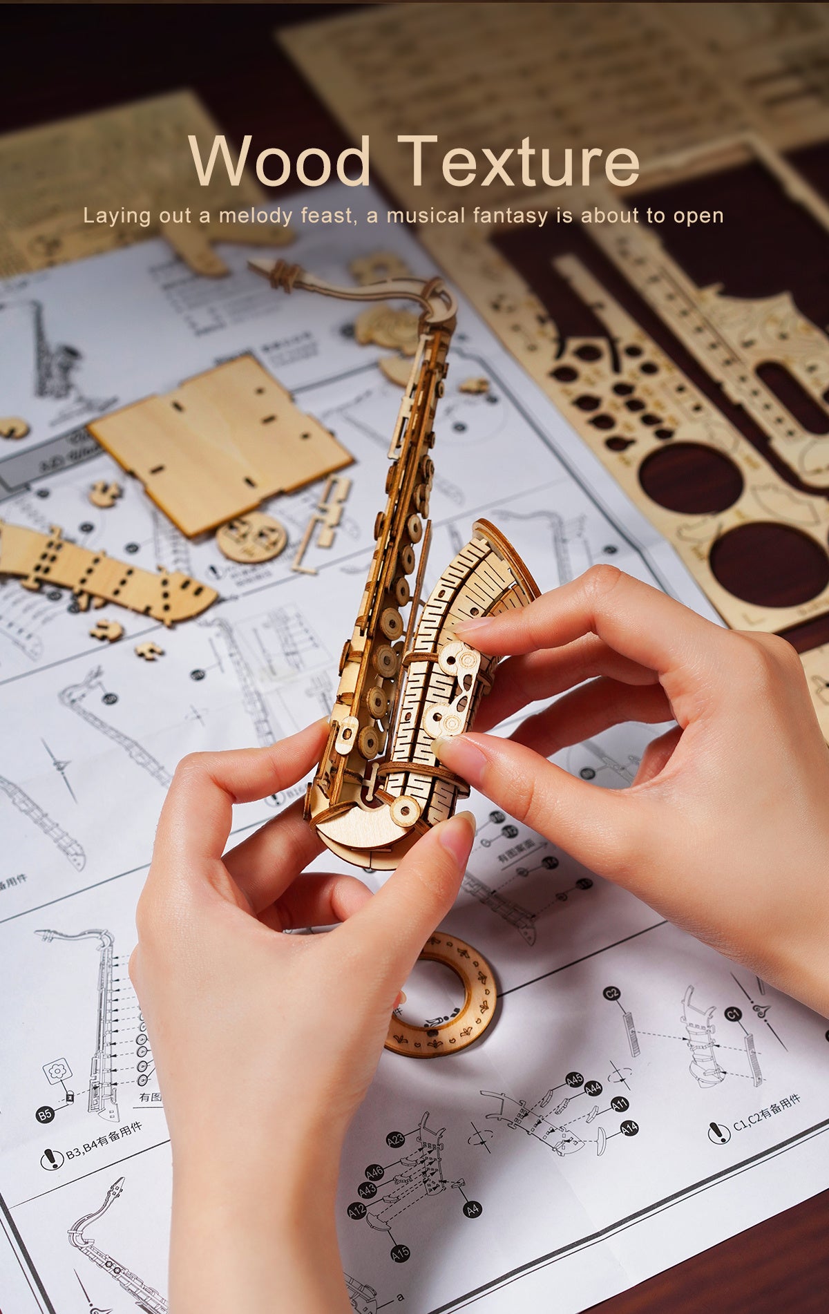 Robotime 4 Arten 3D Musikinstrument Holzpuzzle DIY Zusammenbau Saxophon Schlagzeug Akkordeon Cello Spielzeug