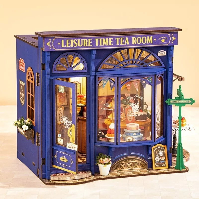 ROBOTIME DIY Miniatur-Puppenhaus-Bausatz – Teestube mit LED-Lichtern und Möbeln, Holzmodellbau-Set für Erwachsene und Kinder, kreatives Geschenk für die Freizeit