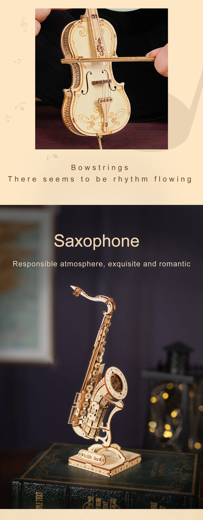 Robotime 4 Arten 3D Musikinstrument Holzpuzzle DIY Zusammenbau Saxophon Schlagzeug Akkordeon Cello Spielzeug