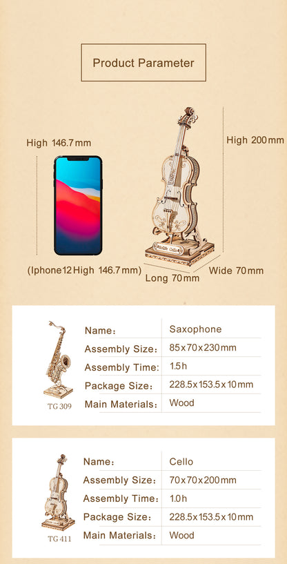 Robotime 4 Arten 3D Musikinstrument Holzpuzzle DIY Zusammenbau Saxophon Schlagzeug Akkordeon Cello Spielzeug