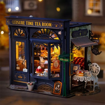 ROBOTIME DIY Miniatur-Puppenhaus-Bausatz – Teestube mit LED-Lichtern und Möbeln, Holzmodellbau-Set für Erwachsene und Kinder, kreatives Geschenk für die Freizeit