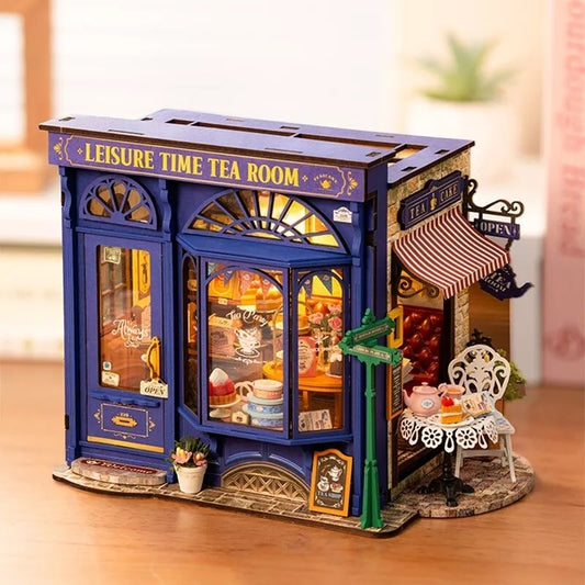 ROBOTIME DIY Miniatur-Puppenhaus-Bausatz – Teestube mit LED-Lichtern und Möbeln, Holzmodellbau-Set für Erwachsene und Kinder, kreatives Geschenk für die Freizeit
