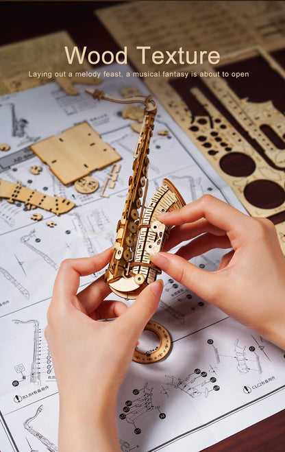 Robotime 4 Arten 3D Musikinstrument Holzpuzzle DIY Zusammenbau Saxophon Schlagzeug Akkordeon Cello Spielzeug